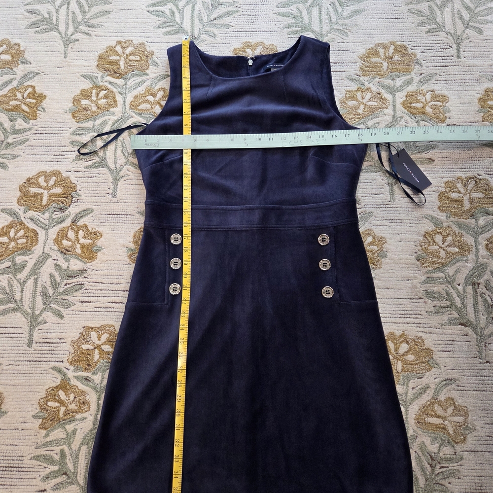 Tommy Hilfiger Navy Sleeveless Midi Sheath Dress with Button Accents